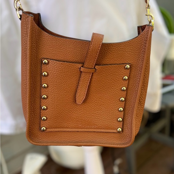 Rebecca Minkoff  Brown Pebbled Leather Crossbody SaddleBag Studded - Picture 3 of 14